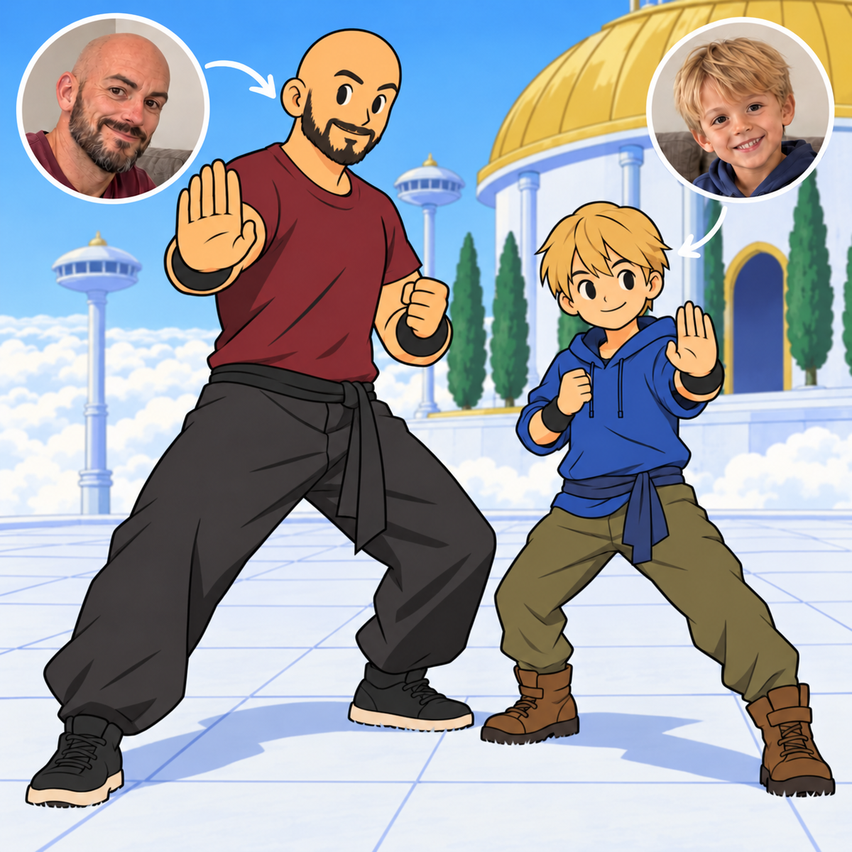 Custom Dragon Ball Z father and son portrait at Kami's Lookout with photo references