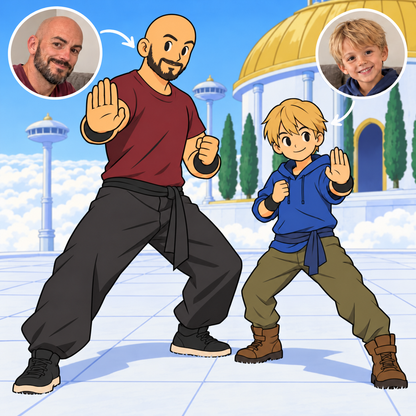 Custom Dragon Ball Z father and son portrait at Kami's Lookout with photo references