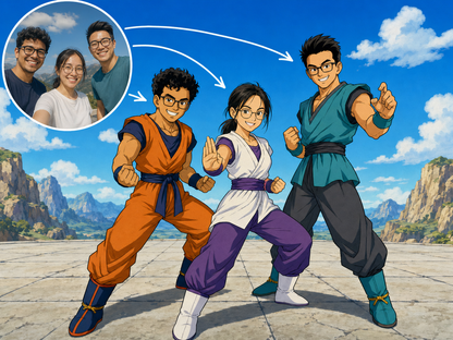 Dragon Ball Z style custom portrait of three friends in an arena