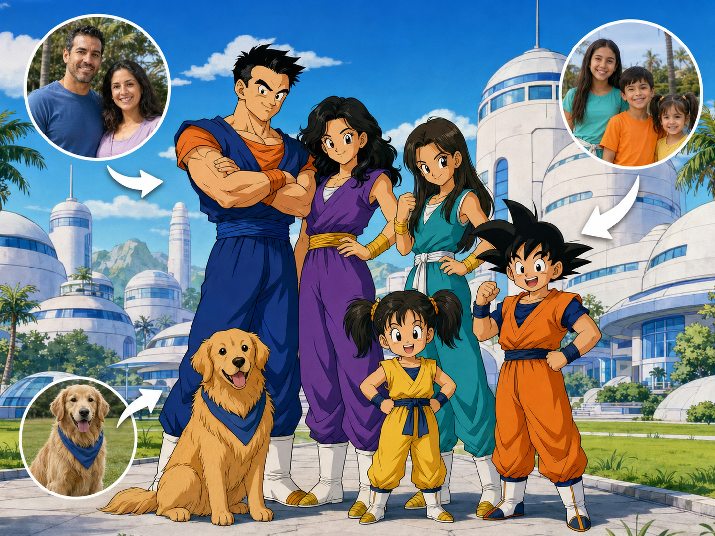 Custom Dragon Ball Z large family and dog portrait in a future city
