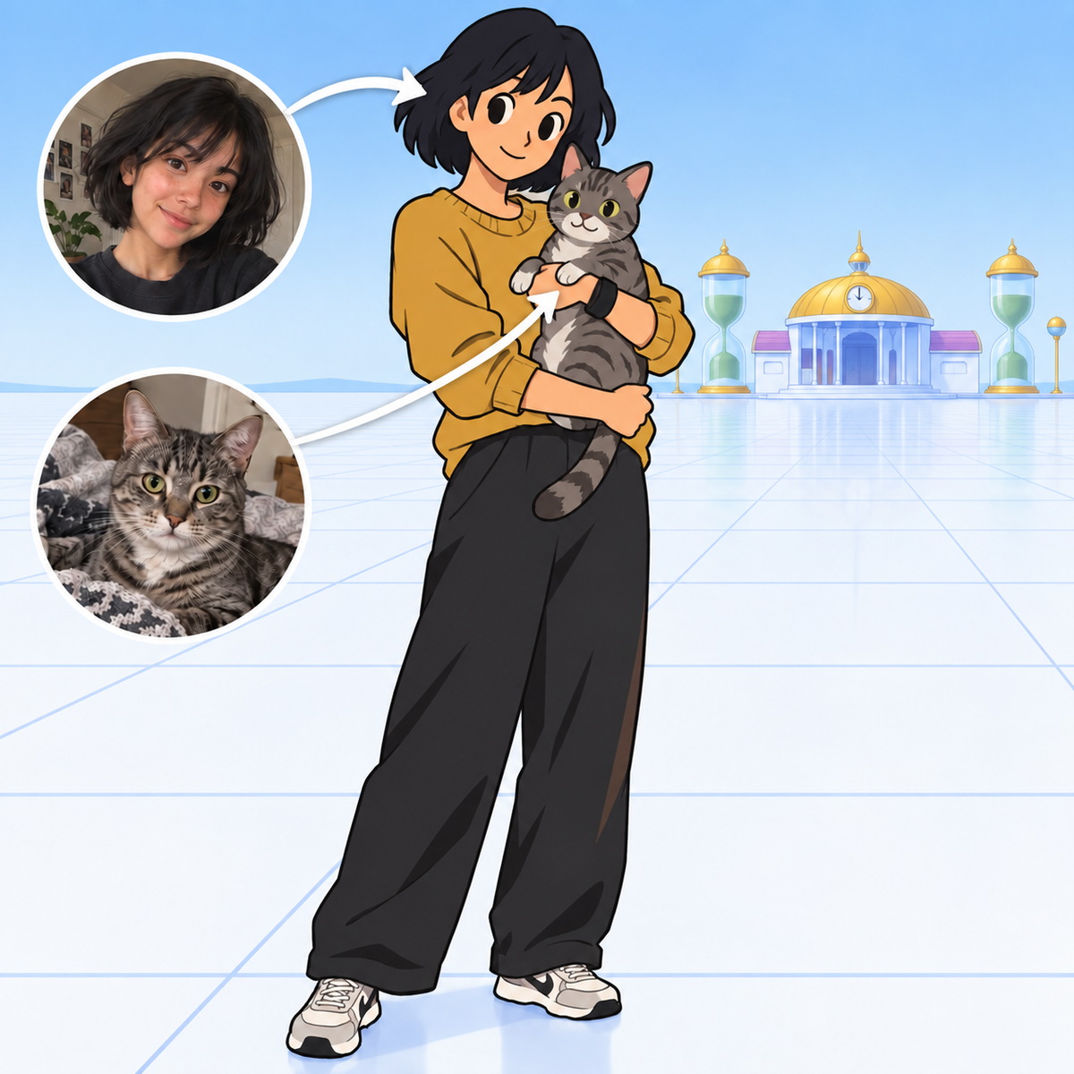 Custom Dragon Ball Z portrait of a woman and cat at Kami's Lookout with photo references