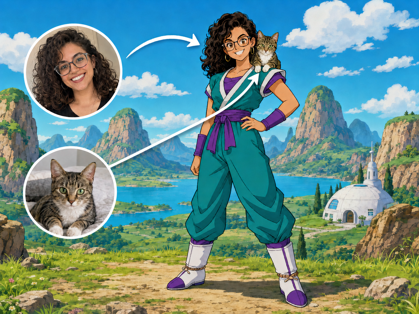 Custom Dragon Ball Z inspired woman and cat portrait from photos