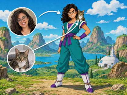 Custom Dragon Ball Z inspired woman and cat portrait from photos