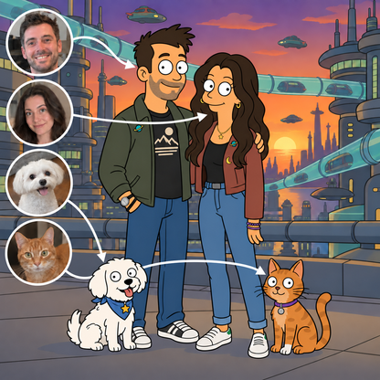 Custom Futurama portrait of a couple with a dog and cat in New New York at sunset
