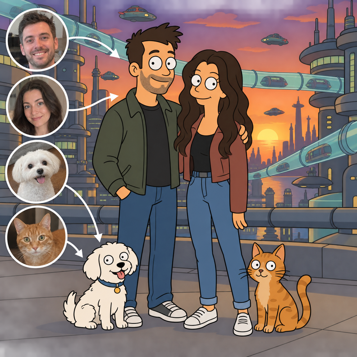 Custom Futurama portrait of a couple with a dog and cat in New New York