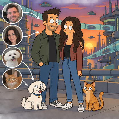 Custom Futurama portrait of a couple with a dog and cat in New New York