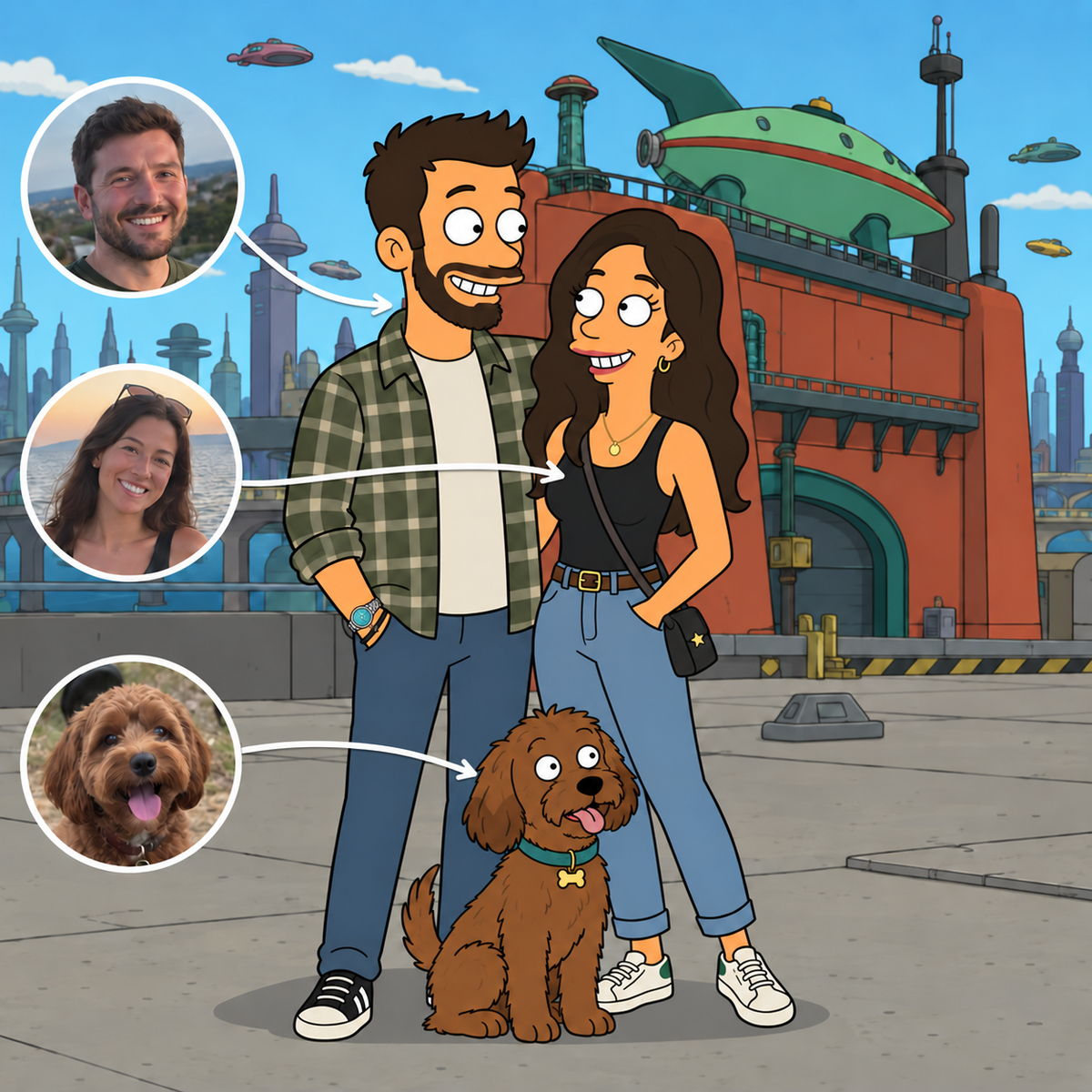 Custom Futurama portrait of a couple and dog at Planet Express headquarters