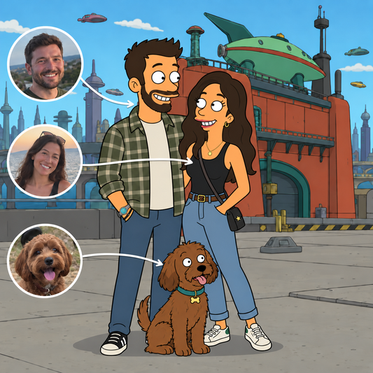 Custom Futurama portrait of a couple and dog at Planet Express headquarters