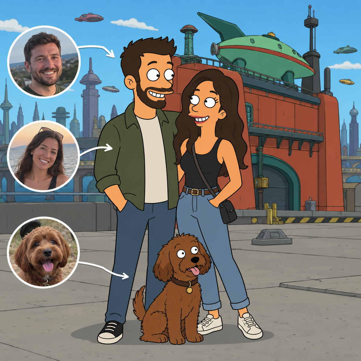 Custom Futurama portrait of a couple and dog at Planet Express headquarters
