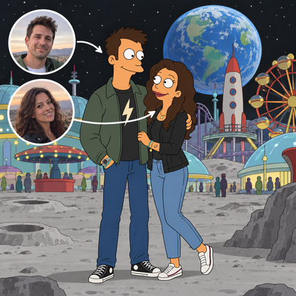 Custom Futurama portrait of a couple at Luna Park on the Moon