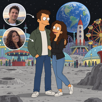 Custom Futurama portrait of a couple at Luna Park on the Moon