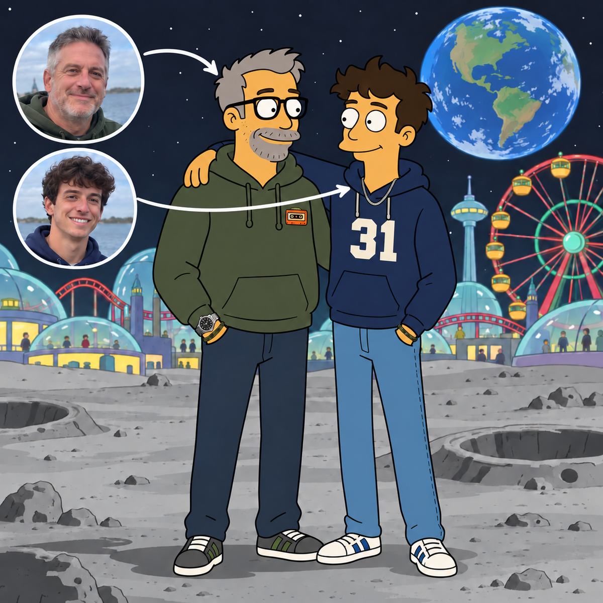 Custom Futurama father and son portrait at Luna Park on the Moon