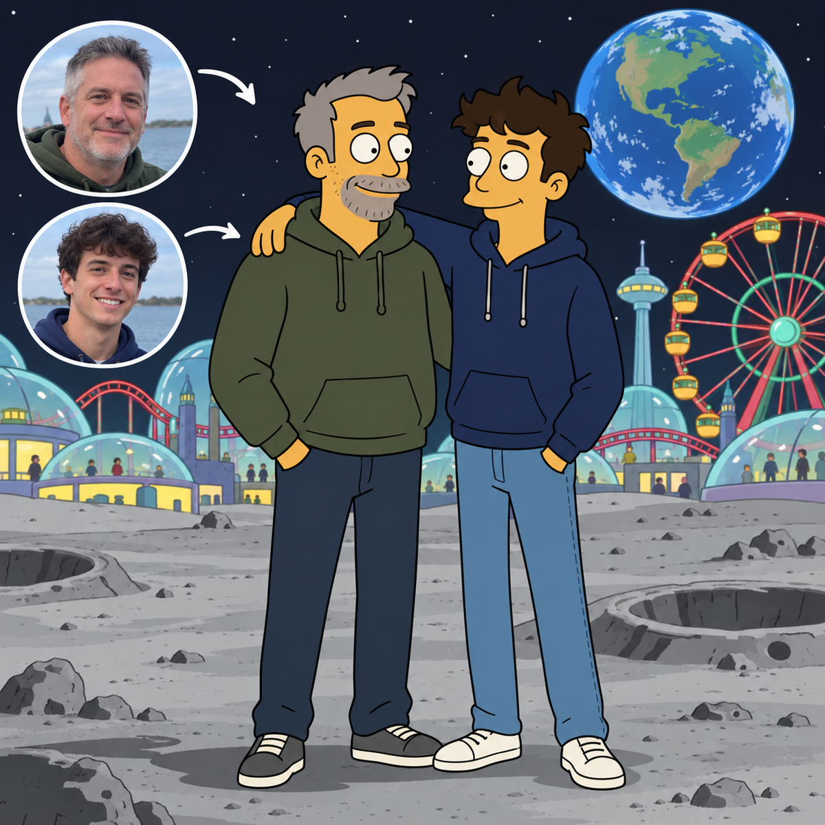 Custom Futurama father and son portrait at Luna Park on the Moon