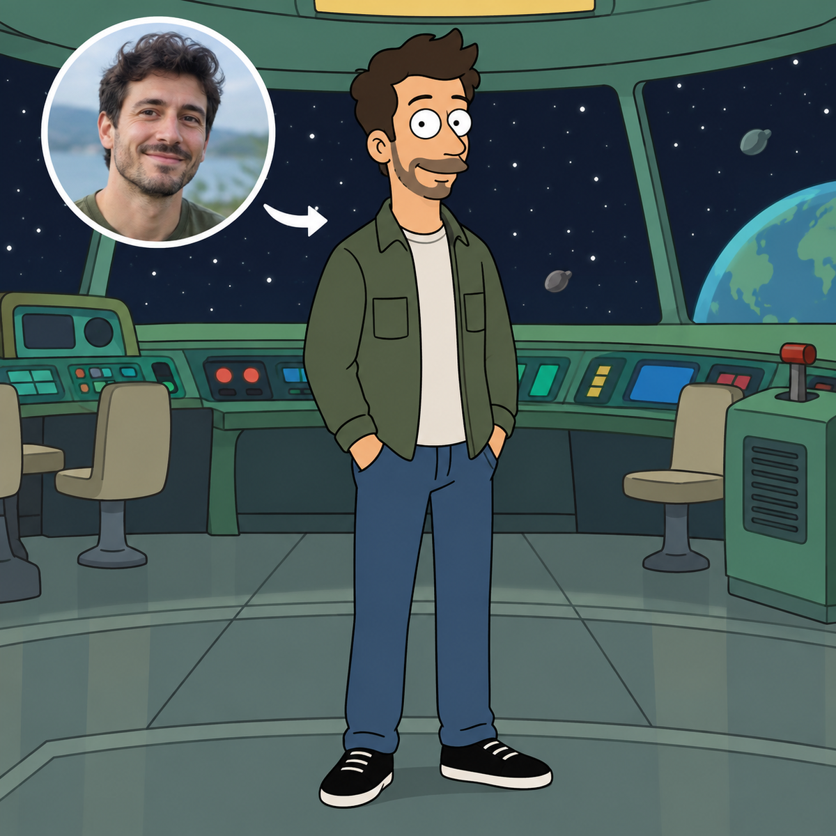 Custom Futurama portrait of a man aboard the Planet Express ship