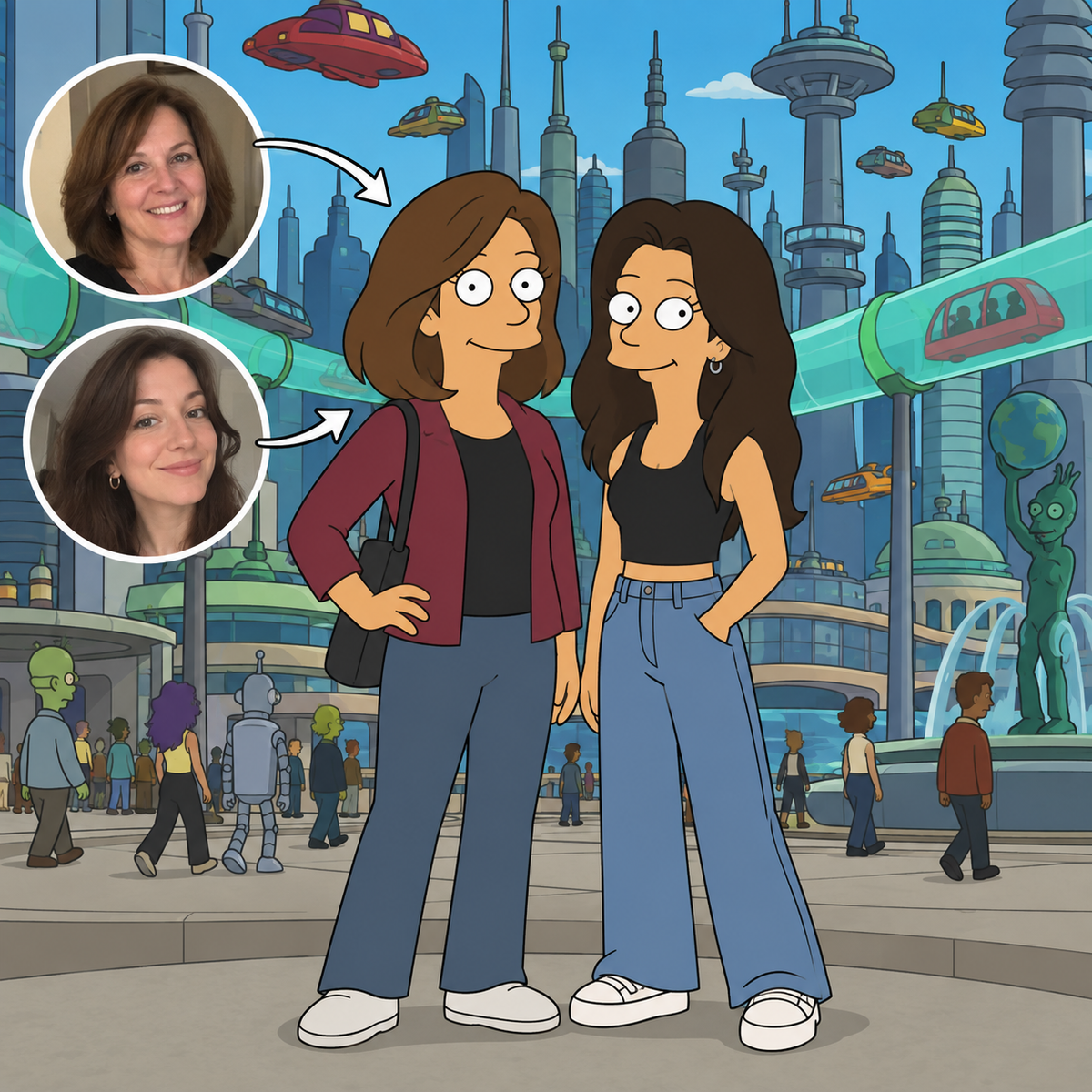 Custom Futurama portrait of a mother and daughter in New New York