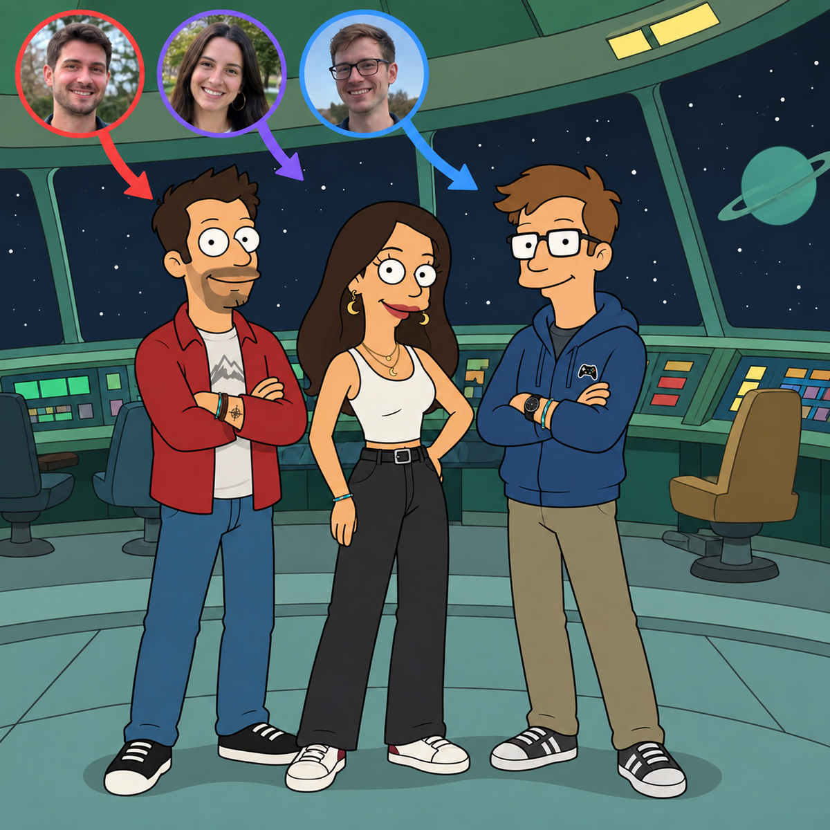Custom Futurama portrait of three friends aboard the Planet Express ship