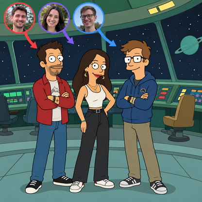 Custom Futurama portrait of three friends aboard the Planet Express ship