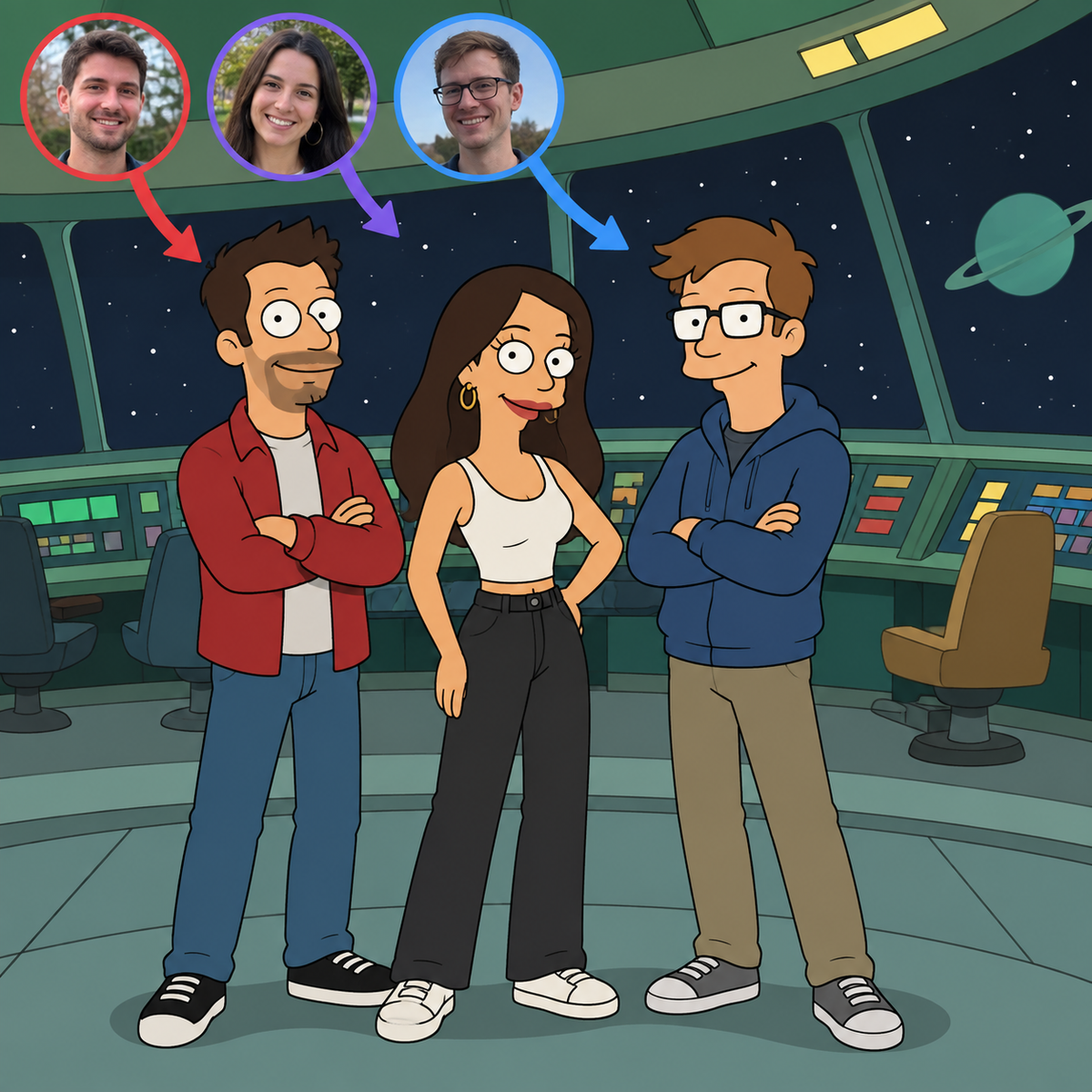Custom Futurama portrait of three friends on the Planet Express ship