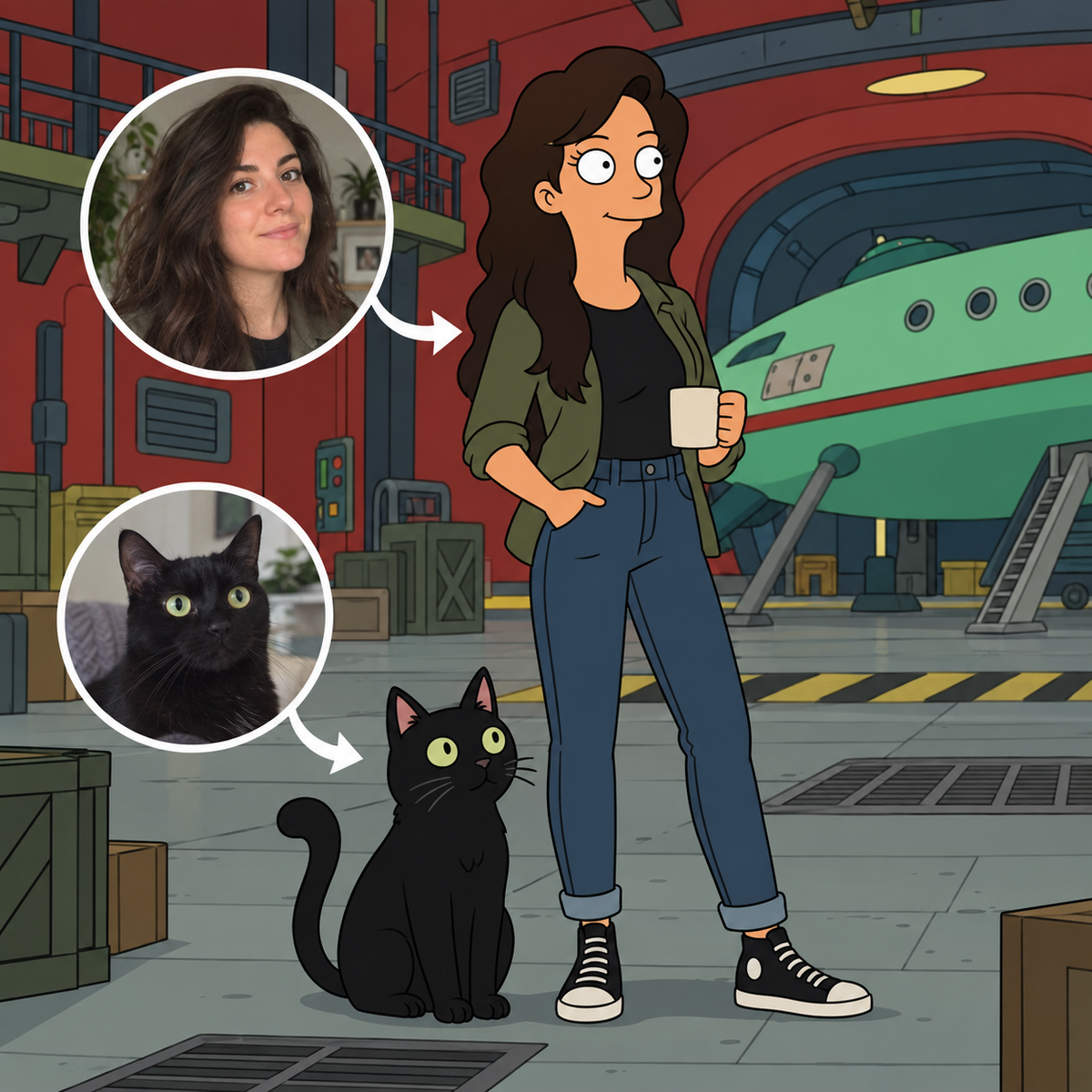 Custom Futurama portrait of a woman and cat in the Planet Express hangar