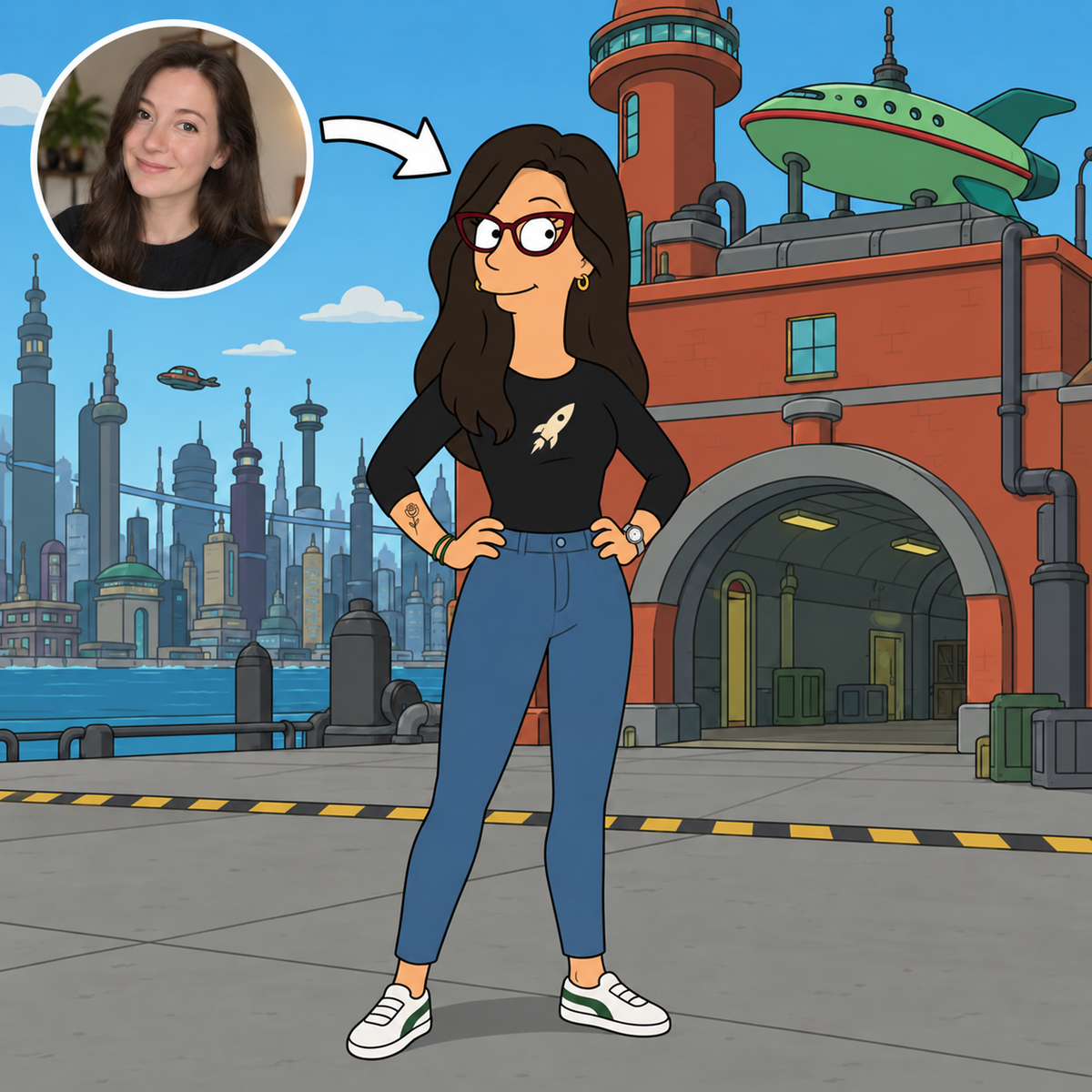 Custom Futurama portrait of a woman at Planet Express headquarters