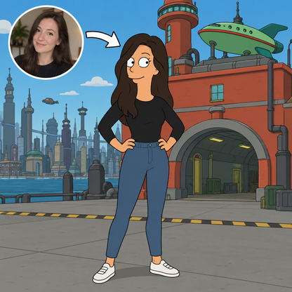 Custom Futurama portrait of a woman at Planet Express headquarters