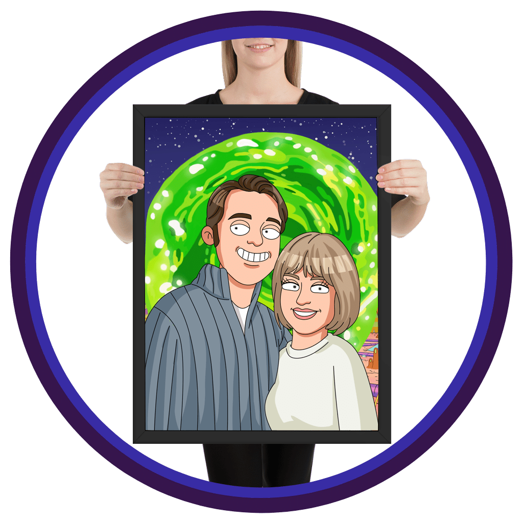 third step - Girl holding custom portrait printed on canvas in rick and morty_style