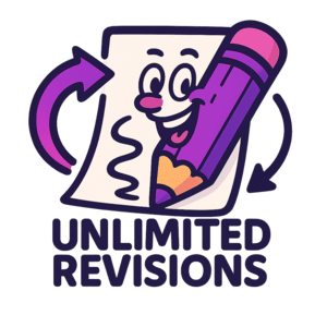 Cartoon pencil with a face holding a paper with 'UNLIMITED REVISIONS' text on a green background